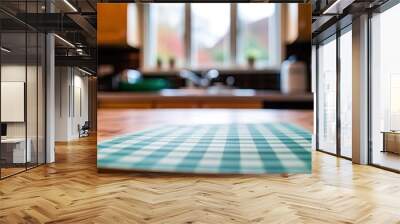 wooden table with a green and white checkered cloth Wall mural