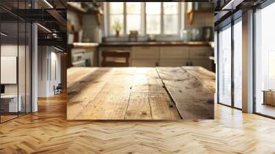 Wooden table with kitchen in background is bare Wall mural