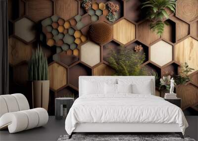 wooden wallpaper background High quality floral living room wallpaper with a gorgeous hexagon honeycomb design. Generative AI Wall mural