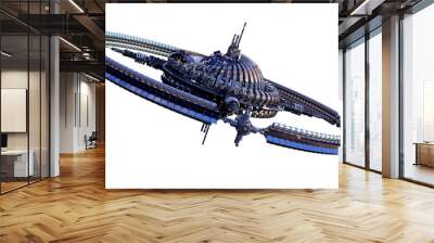 3D illustration of an alien spaceship or futuristic space station, with a central dome and gravitation wheel, for science fiction 

backgrounds with the clipping path included in the file. Wall mural