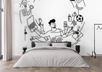 A man juggles his tasks. Illustration metaphor meaning time management, clear management of tasks and his time. A balance between work and personal life. Wall mural