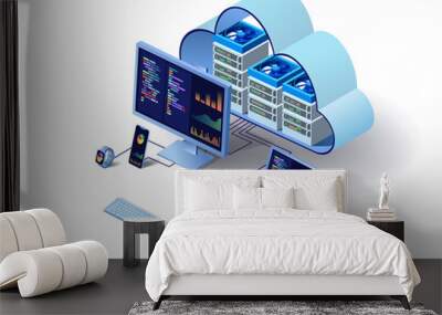 Cloud technology computing concept. Data center concept. Modern cloud technologies. Vector 3d isometric illustration network with computer, laptop, tablet, and smartphone. For web design, presentation Wall mural