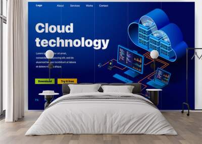 Cloud technology website. Concept of a landing page for data center. Website providing the service of modern cloud technology. Vector website template with 3d isometric illustration data center Wall mural