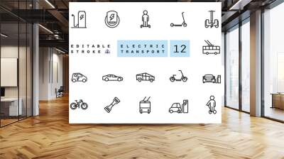 Eco transport. Vector linear icons set with gyro scooter skateboard monocycle bicycle electric car elements vector illustration electric vehicle gas station. Isolated contour. Editable objects Wall mural