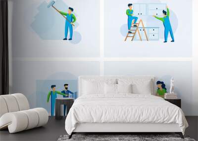 Flat modern design vector illustration set people at work. Woman working on a computer in office space. Two men with the help of a ladder hang kitchen cabinets. A man paints a roller wall Wall mural