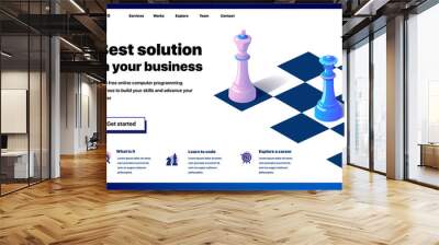 Website providing the service of best solution in your business. Concept of a landing page for best solution in your business. Vector website template with 3d isometric illustration of a chess Wall mural