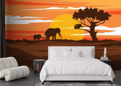 Africa landscape sunset with illustration flat cute elephants Wall mural