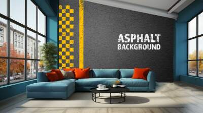 Asphalt road with yellow cracked lane marking, concrete highway surface, texture. Street traffic line, road dividing strip. Pattern with grainy structure, grunge stone background. Vector illustration Wall mural