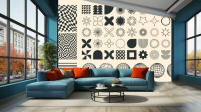 Brutalist geometric shapes, modern symbols. Groovy checkered pattern, distorted tiled grid. Simple elements, forms. Retro design, trendy contemporary minimalist style, y2k. Vector illustration Wall mural