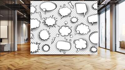 Collection of empty comic speech bubbles with halftone shadows. Hand drawn retro cartoon stickers. Pop art style. Vector illustration. Wall mural