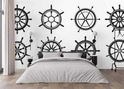 Collection of vintage steering wheels. Ship, yacht retro wheel symbol. Nautical rudder icon. Marine design element. Vector illustration Wall mural