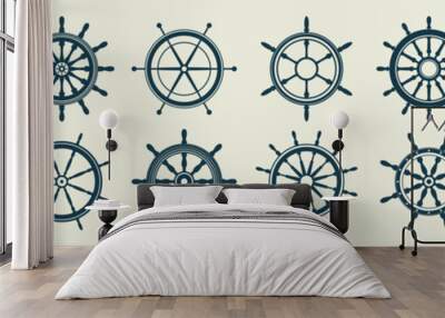 Collection of vintage steering wheels. Ship, yacht retro wheel symbol. Nautical rudder icon. Marine design element. Vector illustration Wall mural