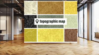 Colorful topographic map with contour lines. Geographic terrain grid, relief height elevation. Ground path pattern. Travel and navigation, cartography design element. Vector illustration Wall mural