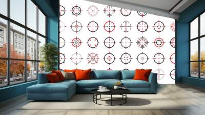 Crosshair, gun sight vector icons. Bullseye, black target or aim symbol. Military rifle scope, shooting mark sign. Targeting, aiming for a shot. Archery, hunting and sports shooting. Game UI element. Wall mural