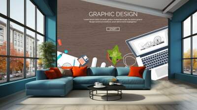 Graphic web design. Drawing and painting. Development. Illustration, sketching, freelance. User interface. UI. Computer, laptop. Wood texture. Wall mural