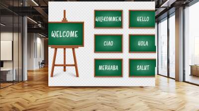 Green chalkboard on wooden easel. Blackboard in wooden frame on a tripod. Presentation board with text, writing or drawing surface. You are welcome, greetings and respects. Vector illustration Wall mural