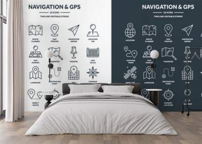 Navigation map and geolocation, GPS positioning. Coordinate grid quadrants, cardinal points, location finder. Travel route and waypoints planning. Thin line web icons set. Vector illustration Wall mural