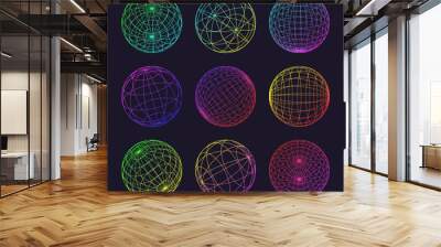 Neon wireframe shapes, lined sphere. Perspective mesh, 3d grid. Low poly geometric elements. Retro futuristic design elements, y2k, vaporwave and synthwave style. Vector illustration Wall mural