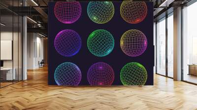 Neon wireframe shapes, lined sphere. Perspective mesh, 3d grid. Low poly geometric elements. Retro futuristic design elements, y2k, vaporwave and synthwave style. Vector illustration Wall mural