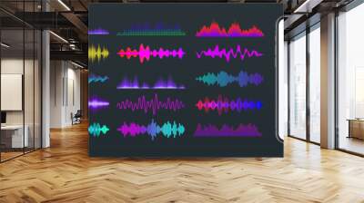 Online audio player user interface, smartphone app UI design. Music, media streaming and listening platform. Responsive mobile application. Neumorphism. Various sound waves. Vector illustration Wall mural