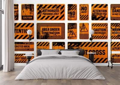 Orange grunge warning signs with diagonal lines. Old attention, danger or caution sign, construction site signage. Realistic notice signboard, warning banner, road shield. Vector illustration Wall mural