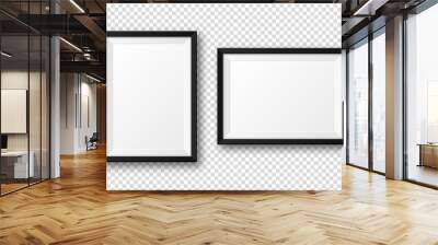 Realistic blank black picture frame with shadow isolated on transparent background. Modern poster mockup. Empty photo frame for art gallery or interior. Vector illustration. Wall mural