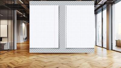 Realistic blank lined paper sheets in A4 format on transparent background. Notebook page, document. Design template or mockup. Vector illustration. Wall mural