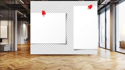 Realistic blank paper sheet in A4 format with red push pin on transparent background. Notebook page, document. Design template or mockup. Vector illustration. Wall mural