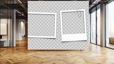 Realistic empty photo card frame, film set. Retro vintage photograph with paper clip. Digital snapshot image. Template or mockup for design. Vector illustration. Wall mural