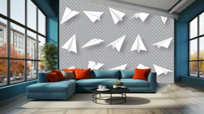 Realistic handmade paper planes collection on transparent background. Origami aircraft in flat style. Vector illustration. Wall mural