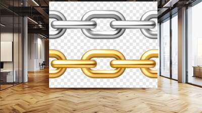 Realistic seamless golden and silver chains on checkered background. Metal chain with shiny gold plated links. Vector illustration. Wall mural