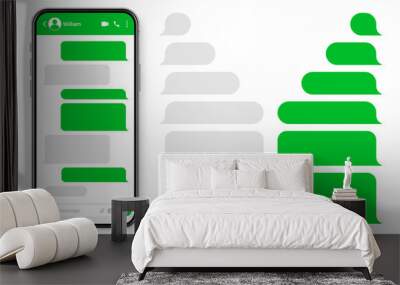 Realistic smartphone with messaging app. Blank SMS text frame. Conversation chat screen with green message bubbles. Social media application. Vector illustration. Wall mural