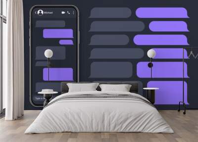 Realistic smartphone with messaging app. Blank SMS text frame. Conversation chat screen with violet message bubbles. Social media application. Vector illustration. Wall mural