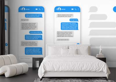 Realistic smartphone with messaging app. Blank SMS text frame. Messenger chat screen with blue message bubbles. Social media application. Vector illustration. Wall mural