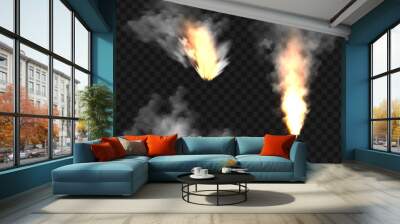 Realistic smoke clouds and fire. Flame blast, explosion. Stream of smoke from burning objects. Forest fires. Transparent fog effect. White steam, mist. Vector design element. Wall mural