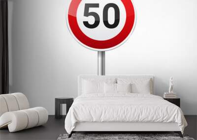 Road red signs collection isolated on white background. Road traffic control.Lane usage.Stop and yield. Regulatory signs. Curves and turns.Speed limit. Wall mural