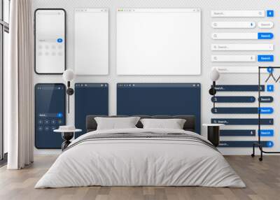Smartphone, blank internet browser window with various search bars. Web site engine with search box, address bar and text field. UI design, website interface. Dark, light modes. Vector illustration Wall mural