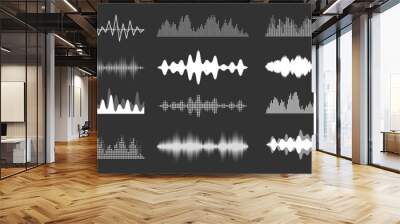 Sound waves collection. Analog and digital audio signal. Music equalizer. Interference voice recording. High frequency radio wave. Vector illustration. Wall mural