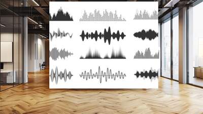 Sound waves collection. Analog and digital audio signal. Music equalizer. Interference voice recording. High frequency radio wave. Vector illustration. Wall mural