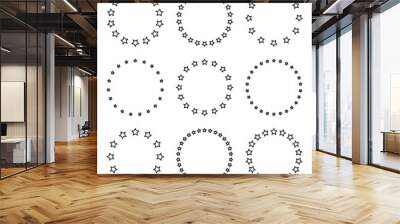 Stars of various sizes arranged in a circle. Round frame, border. Black star outline, simple symbol. Design element, ornament. Line art. Vector illustration Wall mural