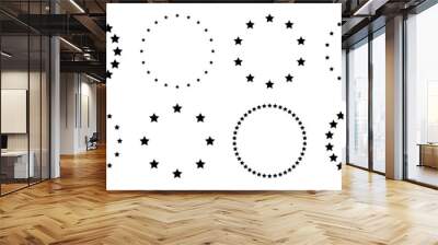 Stars of various sizes arranged in a circle. Round frame, border. Black star shape, simple symbol. Design element, ornament. Vector illustration Wall mural