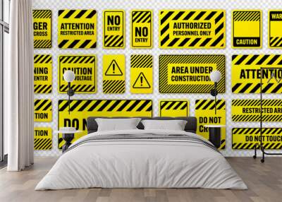 Various black and yellow warning signs with diagonal lines. Attention, danger or caution sign, construction site signage. Realistic notice signboard, warning banner, road shield. Vector illustration Wall mural