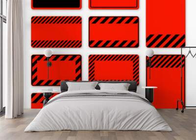 Various blank red warning signs with diagonal lines. Attention, danger or caution sign, construction site signage. Realistic notice signboard, warning banner, road shield. Vector illustration Wall mural