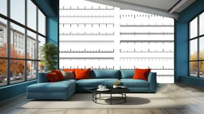 Various measurement scales with divisions. Realistic scale for measuring length or height in centimeters, millimeters or inches. Ruler, tape measure marks, size indicators. Vector illustration Wall mural