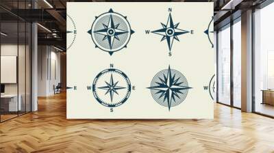 Vintage marine wind rose, nautical chart. Monochrome navigational compass with cardinal directions of North, East, South, West. Geographical position, cartography and navigation. Vector illustration. Wall mural