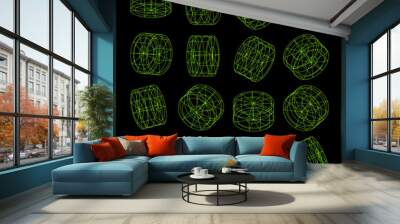 Wireframe lined shapes. Perspective mesh, 3d grid. Low poly geometric elements. Retro futuristic design elements, y2k, vaporwave and synthwave style. Vector illustration Wall mural