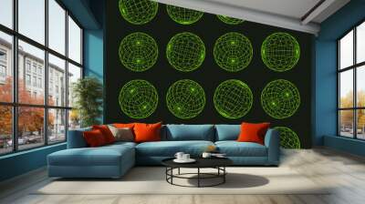 Wireframe shapes, lined sphere. Perspective mesh, 3d grid. Low poly geometric elements. Retro futuristic design elements, y2k, vaporwave and synthwave style. Vector illustration Wall mural