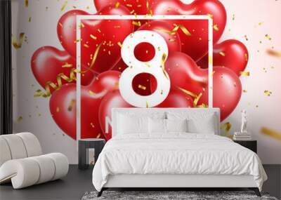 Women's day red background with balloons, heart shape.Confetti and ribbon. Love symbol. March 8. I love you. Spring holiday. Wall mural