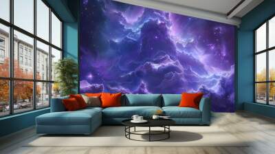 A 3D landscape of a purple nebula intertwined with a bright blue nebula, creating a stunning contrast of colors and textures, with stars scattered throughout the scene. Created using generative AI. Wall mural