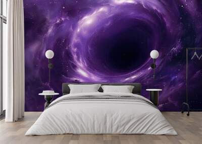 A dense purple nebula surrounding a black hole, with streams of gas being pulled into the event horizon, creating a dramatic interplay of light and dark. Created using generative AI. Wall mural